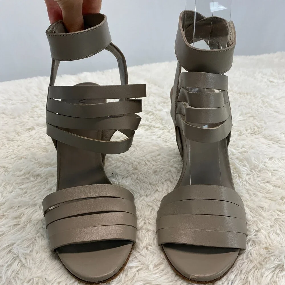 Vince. Gray Strappy Hook Loop Closure Wedges Size 6
